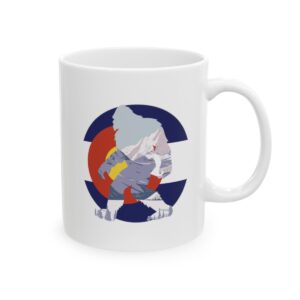 Sasquatch Silhouette Over Colorado State Logo 11 oz. Coffee Mug