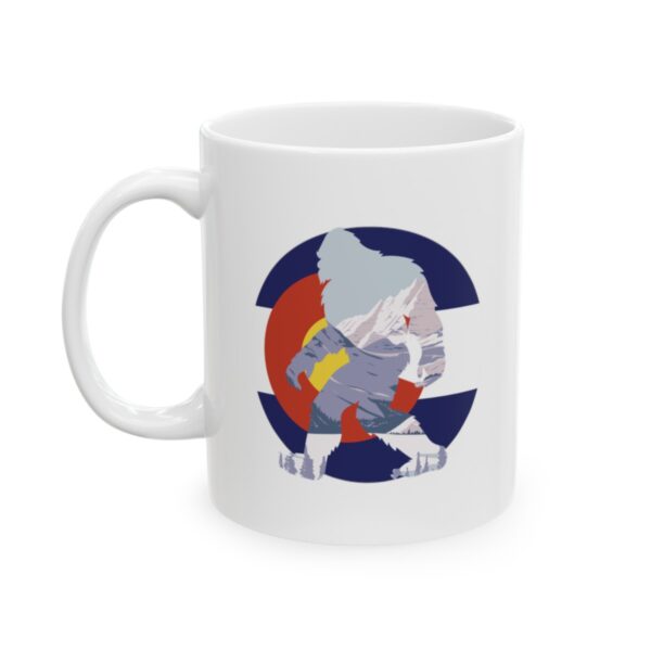 Sasquatch Silhouette Over Colorado State Logo 11 oz. Coffee Mug - Image 2